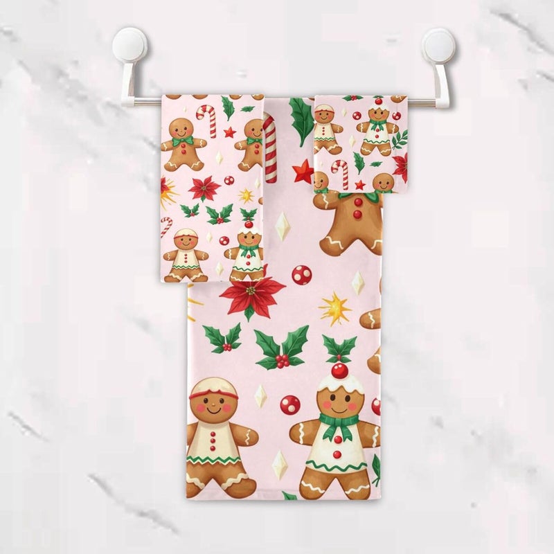 Dussdil Merry Christmas Pink Gingerbread Bathroom Towel Set of 3 Pcs Hand Fingertip Towels 1 Bath Towel 1 Hand Towel 1 Washcloth for Home Bathroom House Swim Soft Highly Absorbent Multipurpose Decor - Image 4
